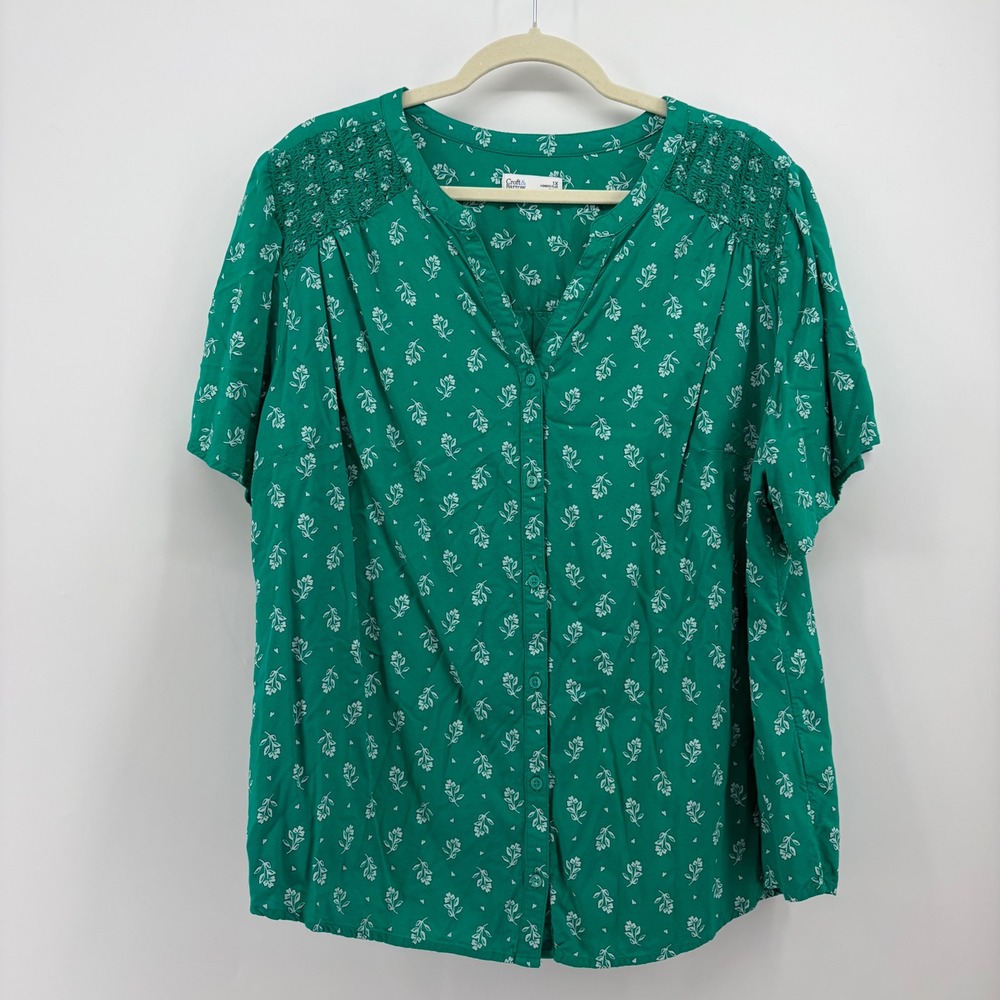 Croft & Barrow Womens 1X Green Blouse Floral Lace Button Front Short Sleeve